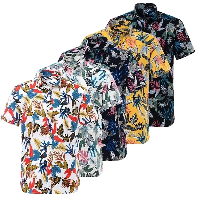Sommer-Hawaii-Hemd für Herren aus reiner Baumwolle, bedruckt, kurzärmelig, große US-Größe, Hawaii-Blumen-Strand-Blumenmuster, 220222