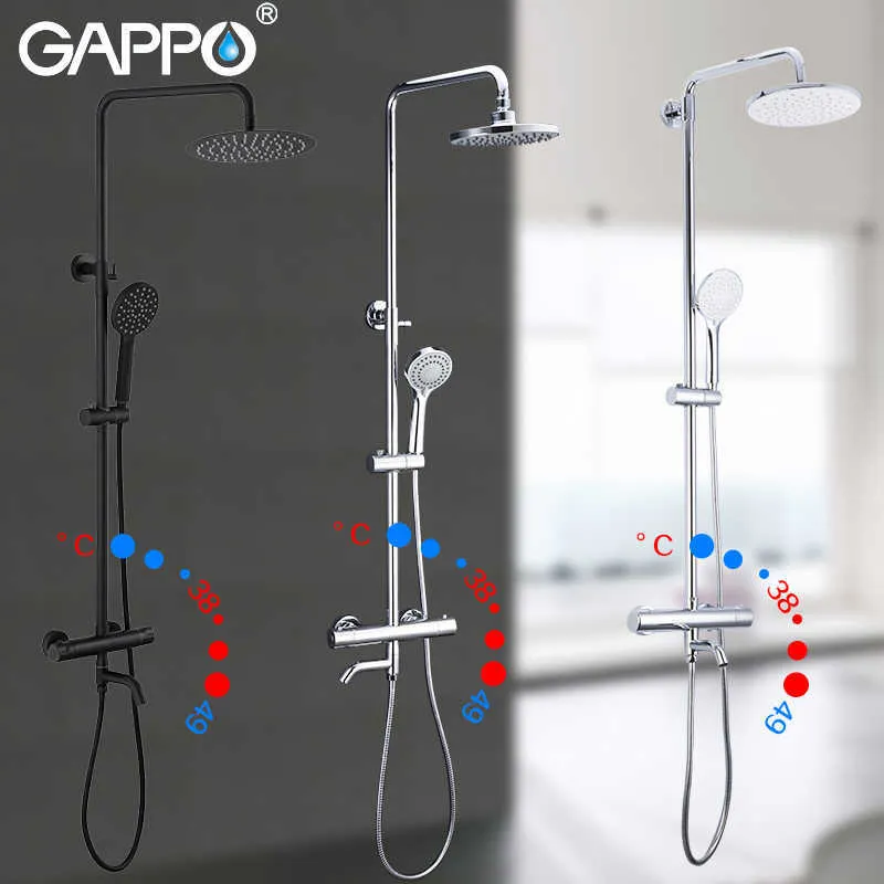 Gappo Thermostatic 샤워 시스템 크롬 블랙 수도꼭지 욕실 욕조 샤워 믹서 세트 폭포 비 샤워 헤드 욕조 Taps X0705