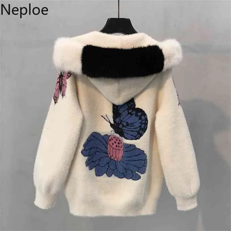 Imitazione Acqua Velet Cappuccio corto Chaqueta Mujer Autunno Inverno Ricamo Floreale Giacca spessa Dolce Cardigan Cappotto 46339 210422