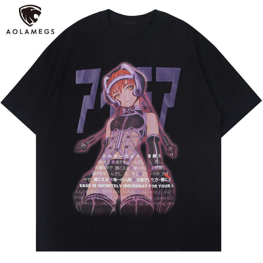 Aolamegs Men's Tee Sexiga Manga Girls Kanji Skriv ut Anime Summer Baggy College Style Toppar Mode Otaku Streetwear 210629