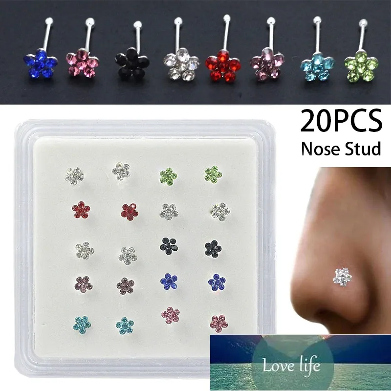 20Pcs/Box Body Nose Piercing Jewelry Nose Rings Studs For Women Colored Crystal Flower Nail Jewelry Wholesale