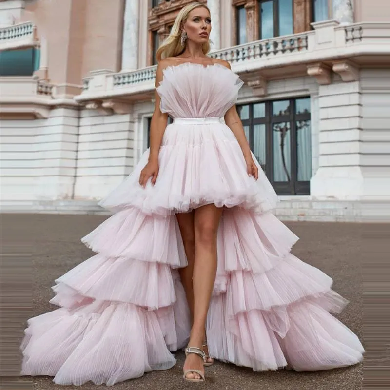 Party Dresses Charming Ruffles Prom Dress Tiered Puffy Tulle High Low Evening Pink Dramatic Layered Zipper Back Court Train Gowns