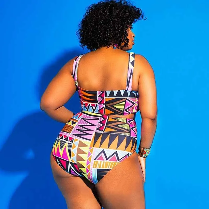 African Print Bandage Cut Out Monokin Plus Size Swimsuits For Plus