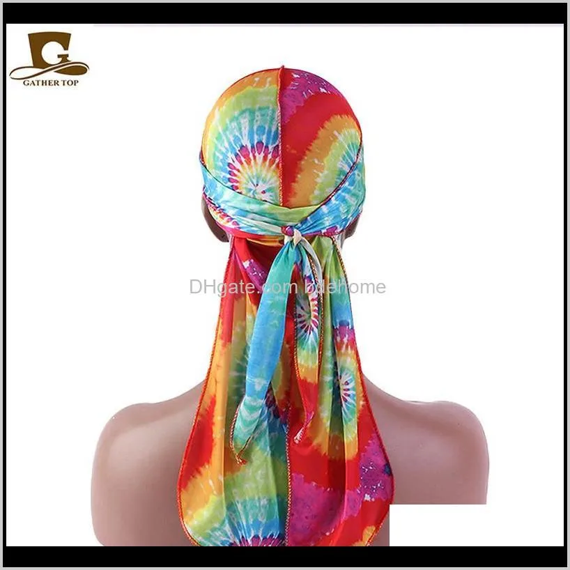 tie-dyeing printing durags turban long tail rainbow durag bandana turban caps hip hop headwear pirate caps rags hat