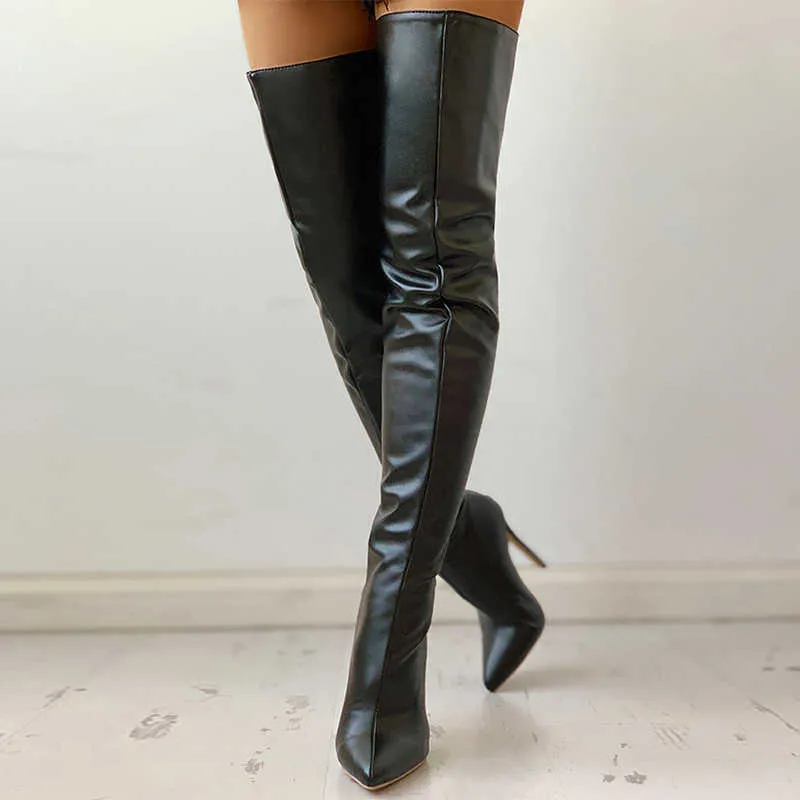Diz Çizmeleri Üzerinde Siyah Seksi Kadın Yüksek Topuklu Ayakkabı Bayanlar Uyluk Bahar Deri Uzun Kadın Ayakkabı Artı Boyutu 43 Y0910