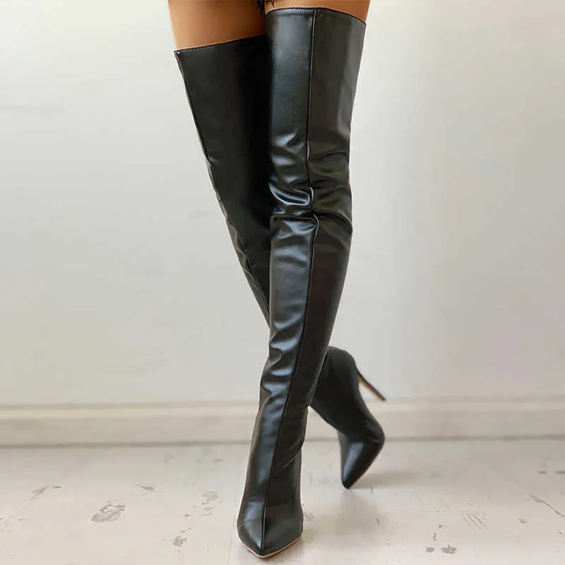 Noir Sexy sur le genou bottes femmes talons hauts chaussures dames cuisse printemps en cuir longue femme chaussure grande taille 43 Y0910