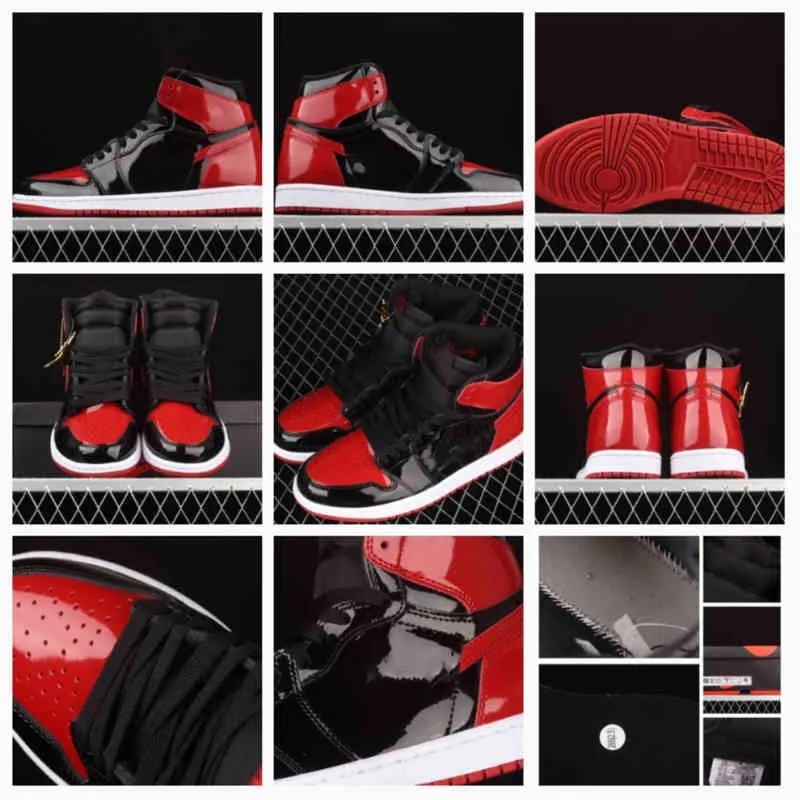 TOP Quality Jumpman 1 High QG Bred Patent Basketball Shoes black red Fashion Mens and Womens Casual Sneaker 555088-063