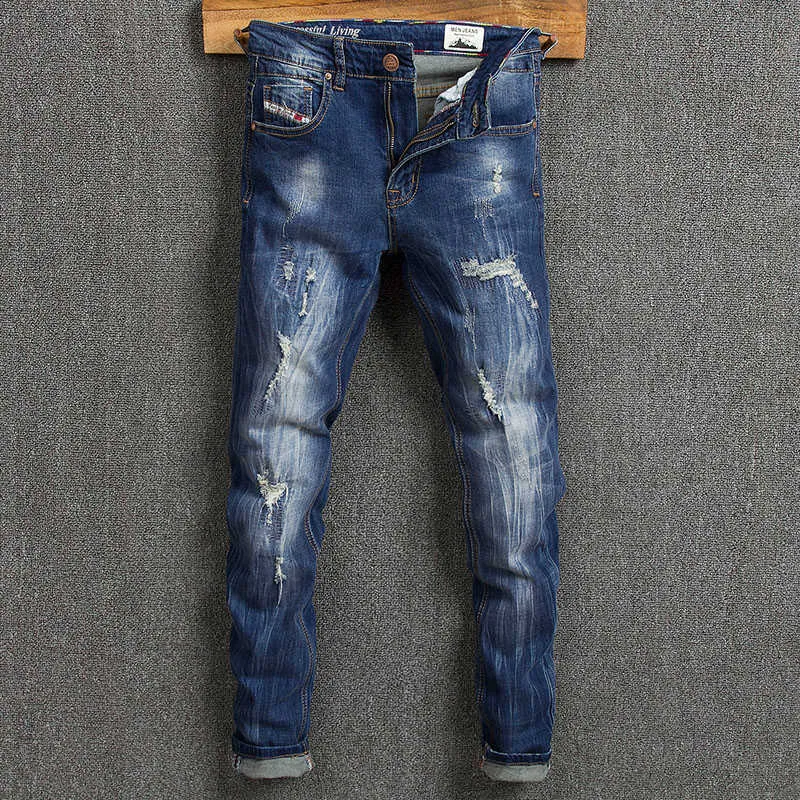 Streetwear mode män jeans retro mörkblå förstörd rippad för elastisk bomull slim fit designer hip hop punk byxor