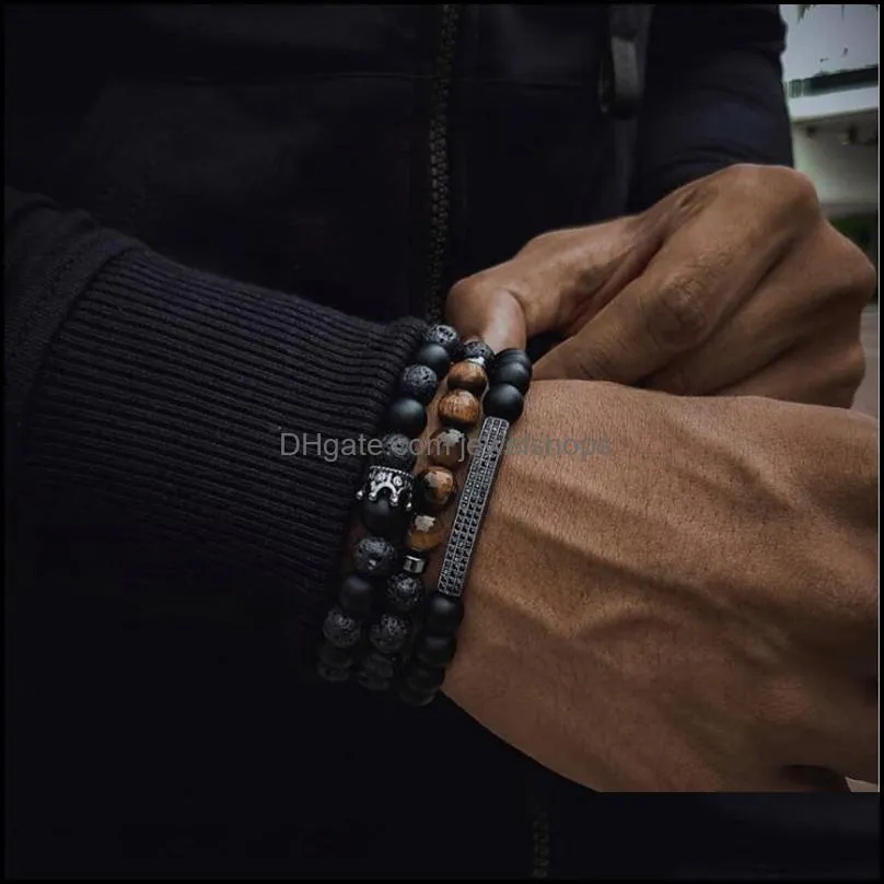3pcs/Set Crown Bracelet Black Matte Onyx Stone Beads Braclets Heren Armband Bileklik Erkek Handmade Jewellery Men Accessories
