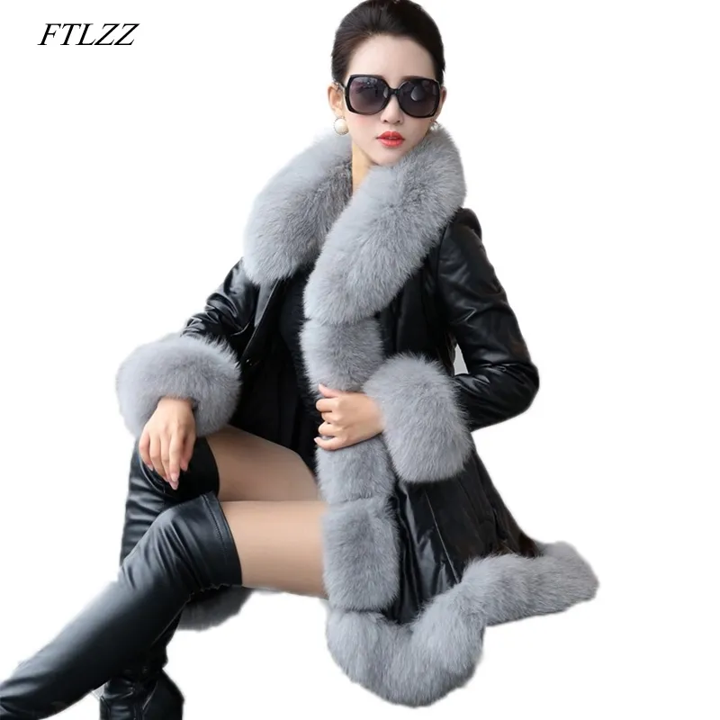 Winter Fur Coat Plus Size 6XL Women Pu Leather Faux Long Jacket Lady Casual Synthetic Fox Collar Overcoat 210423