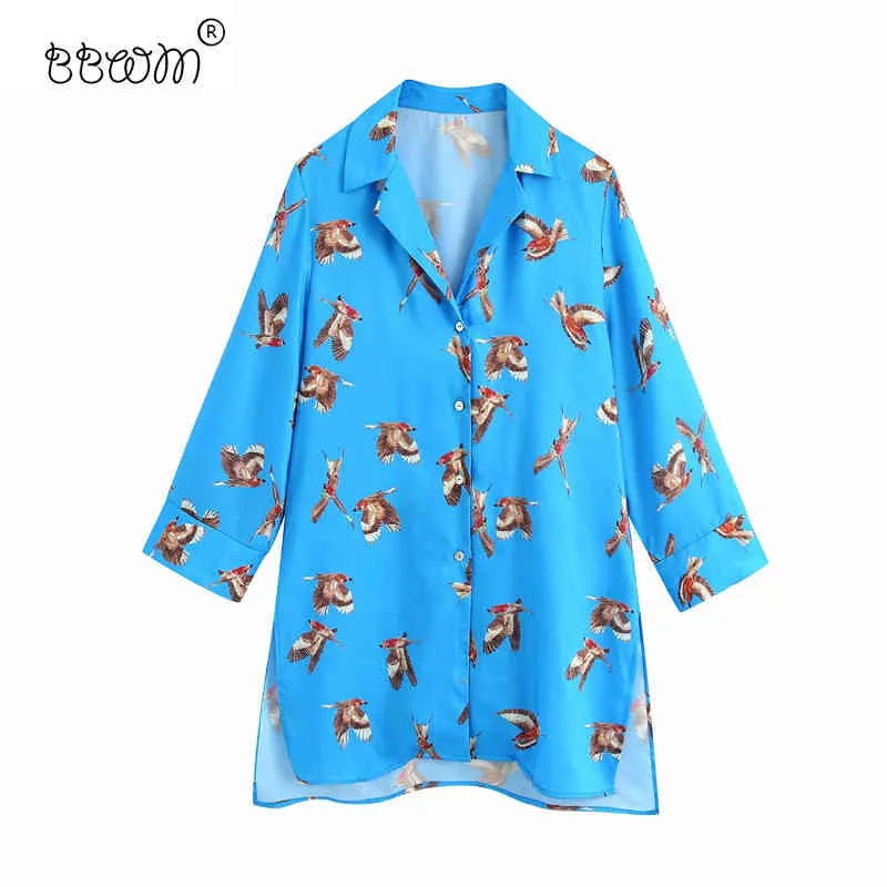 Women Vintage Chic Birds Printed Blue Long Blouses Elegant Fashion Lapel Collar Shirts Female Chic Tops 210520