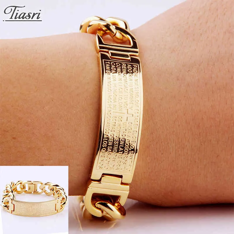 Tiasri Now Fashion Men's Bracelet on the Hand Gold Color Cross Element Design Cuban Chain Punk Stainless Steel Jewelry Gift 16mm