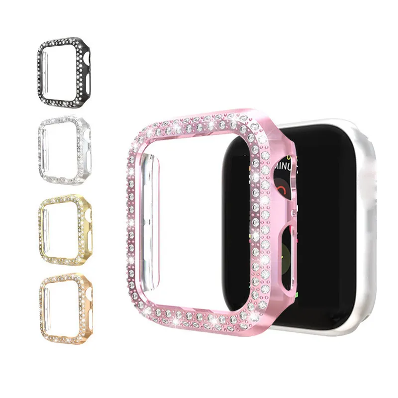 Double Row Diamond Watch Väska till Apple Watch 38mm 42mm 40mm 44mm PC Integrerad härdat glasfilm Fullskärm Kvinnaskolvskydd IWatch Series 6 5 4 3 SE