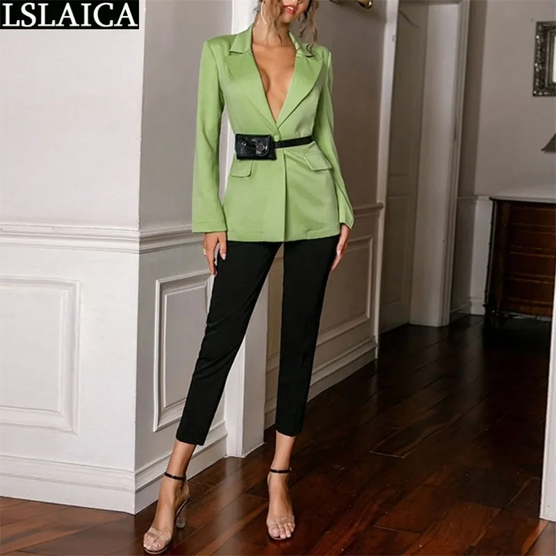 Zielone Płaszcze i Kurtki Office Lady Kieszenie Pojedyncze Przycisk V-Neck Kobiety Przyjazd Slim Długi Rękaw Odzież 210515
