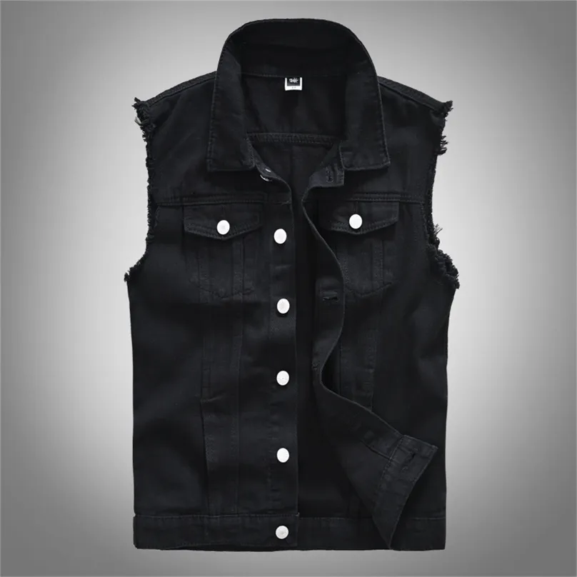 Hommes Mode Casual Noir À Capuche Sans Manches Gilet Denim Gilet Veste Street Punk Style Denim Gilet Plusieurs Options De Taille M-6XL 211111