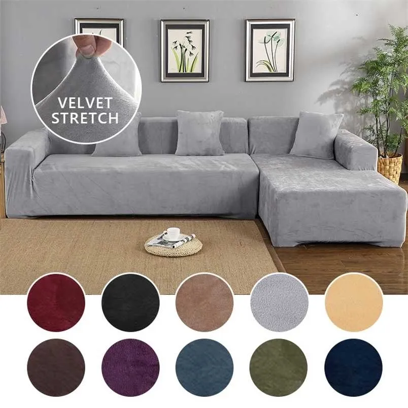 Velvet Plush L Shaped Sofa Cover for Living Room Elastic Corner Slipcover Chaise Longue Couch Stretch 211207