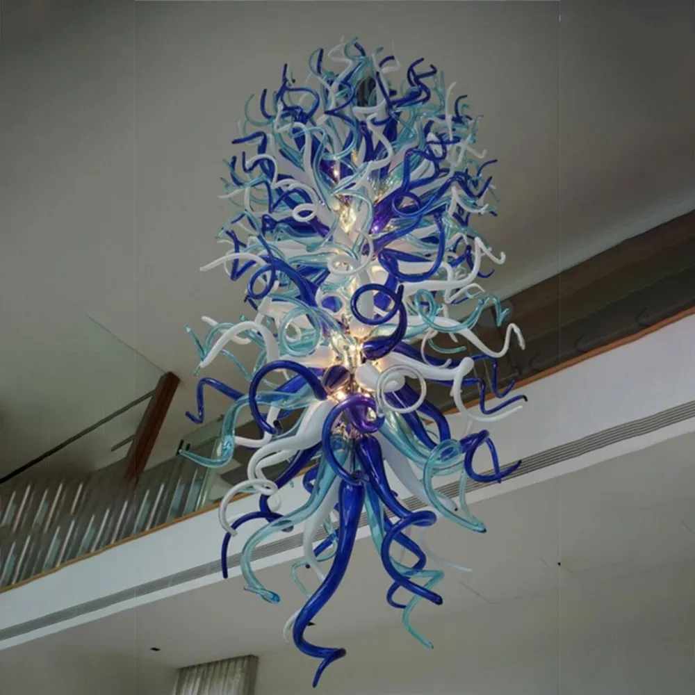 긴 샹들리에 램프 데일 chihuly 스타일 입 날 눌린 유리 체인 펜던트 램프 52 인치 블루 청록색 흰색 현대 홈 아트 장식 LED 조명 및 조명