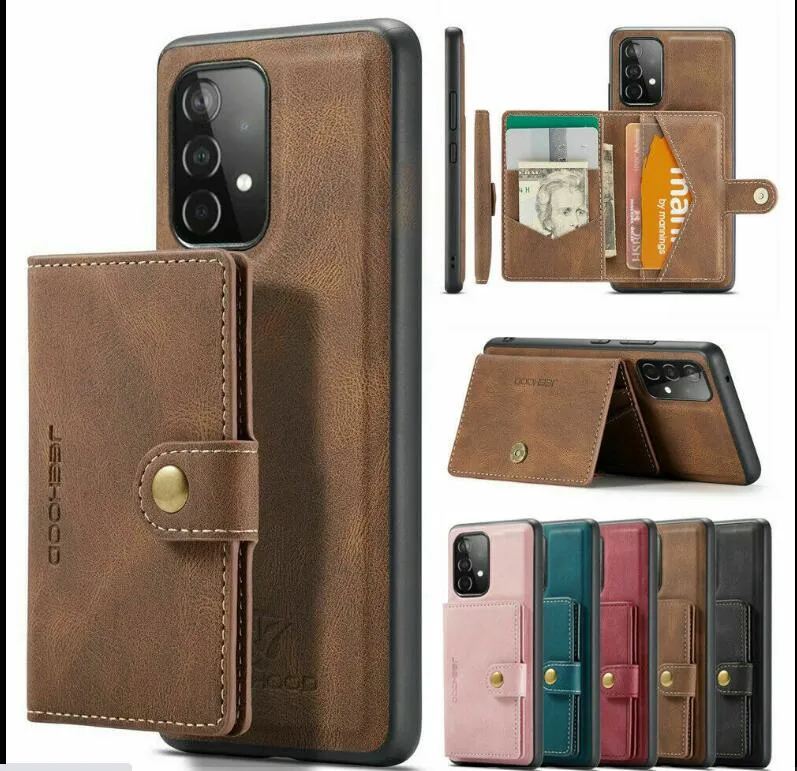 고급 Jeehood Leather PU 지갑 케이스 IPhone 14 13 11 Pro 7 8Plus Samsung 용 분리 가능한 자기 카드 홀더