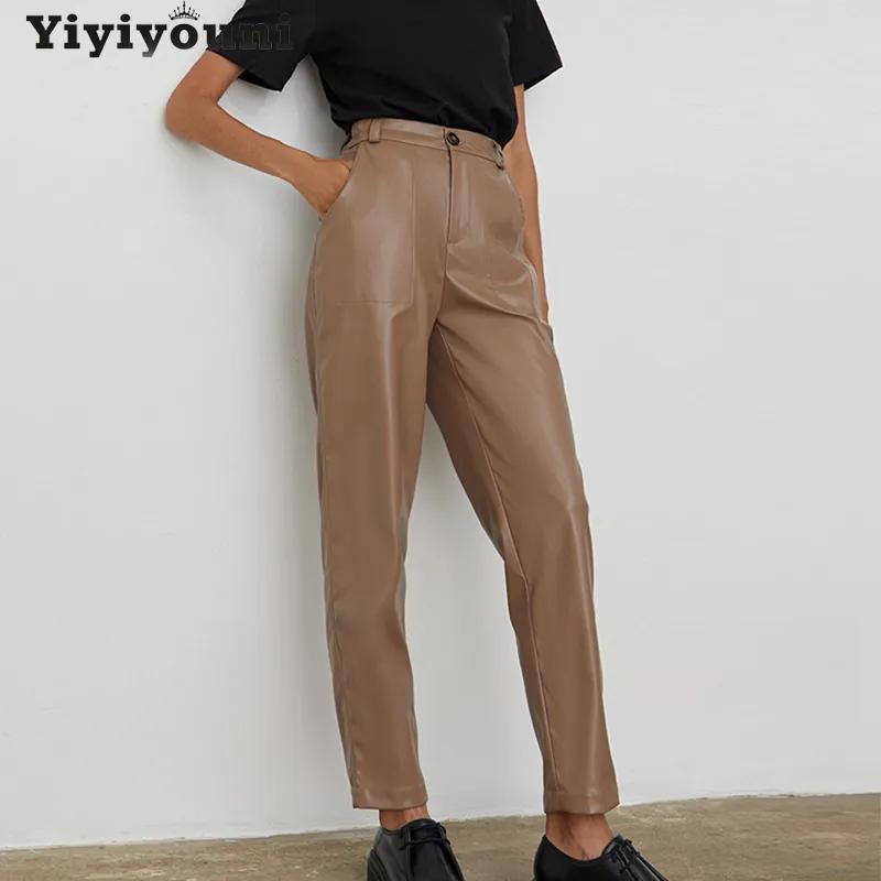 Yiiyiyouni Осенняя зима высокая талия флисовая искусственная кожаные брюки женские повседневные искусственные кожаные брюки женские карманы прямые брюки женские 210319