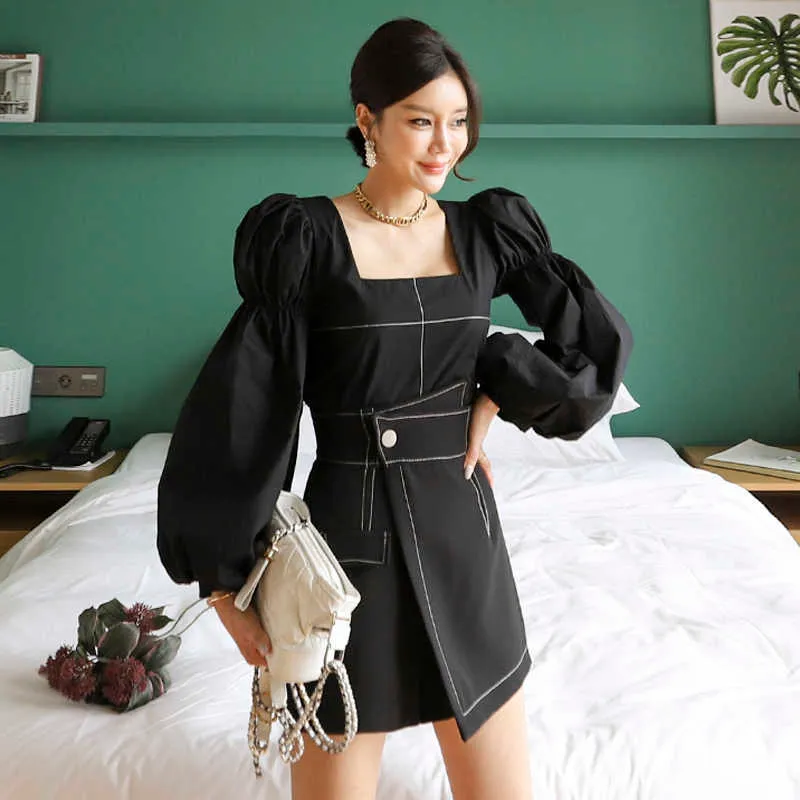 Two Pieces Set Women Spring Lantern Sleeve Blouses Top And High Waist Shorts Korean Chic Casual Office Lady Work 210529