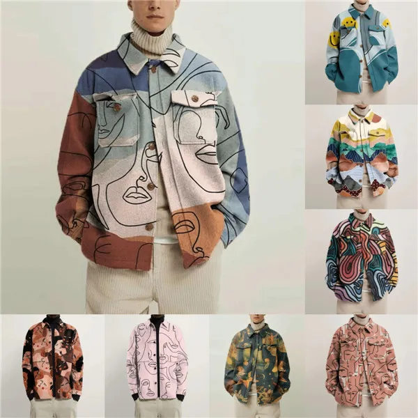 13 Colors Mens Jackets Lapel Trend Printed Winter Abstract Line Shirt Stitching Fashion Clothing