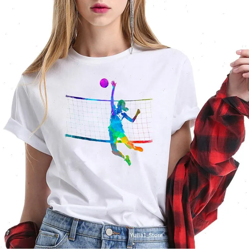 水彩のバレーボールの女の子が女性が愛するスポーツティー夏のトップの女性白いTシャツ面白いTシャツ