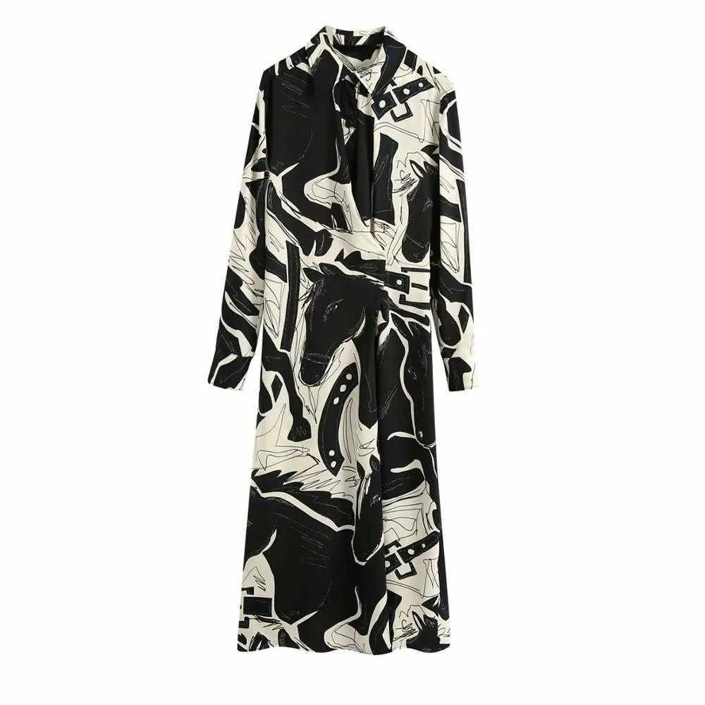 Kvinnor Klänning Tryckt Collared Långärmade Muffed Midi Klänning Elegant Femme Robe Ropa Mujer Vestidos 210709