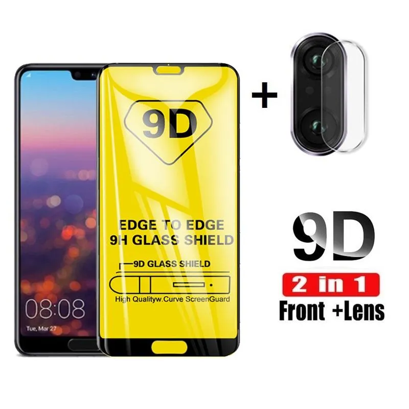 Per Huawei P20 Pro Lite Vetro 9D Obiettivo della fotocamera 2 in 1 Proteggi schermo protettivo in lamina Proteggi telefono cellulare