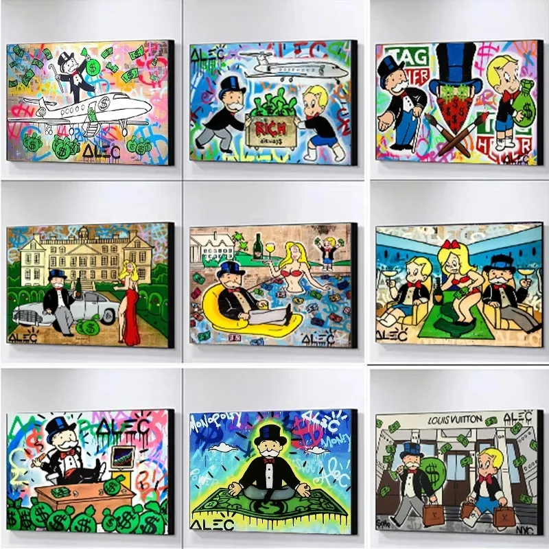 Alec Graffiti Monopoly Millionaire Money Street Art Canvas Prints Painting Wall Art Pictures for Living Room Home Decoration Cuadros (No Frame)