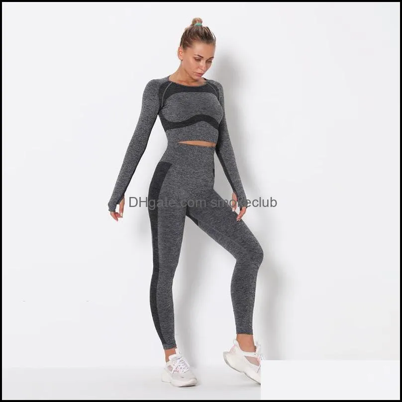 Yoga Outfits Women Seamless Set Gym Clothing Fitness Leggings Cropped Shirts Sport Suit Long Sleeve Tracksuit Active Wear #2002