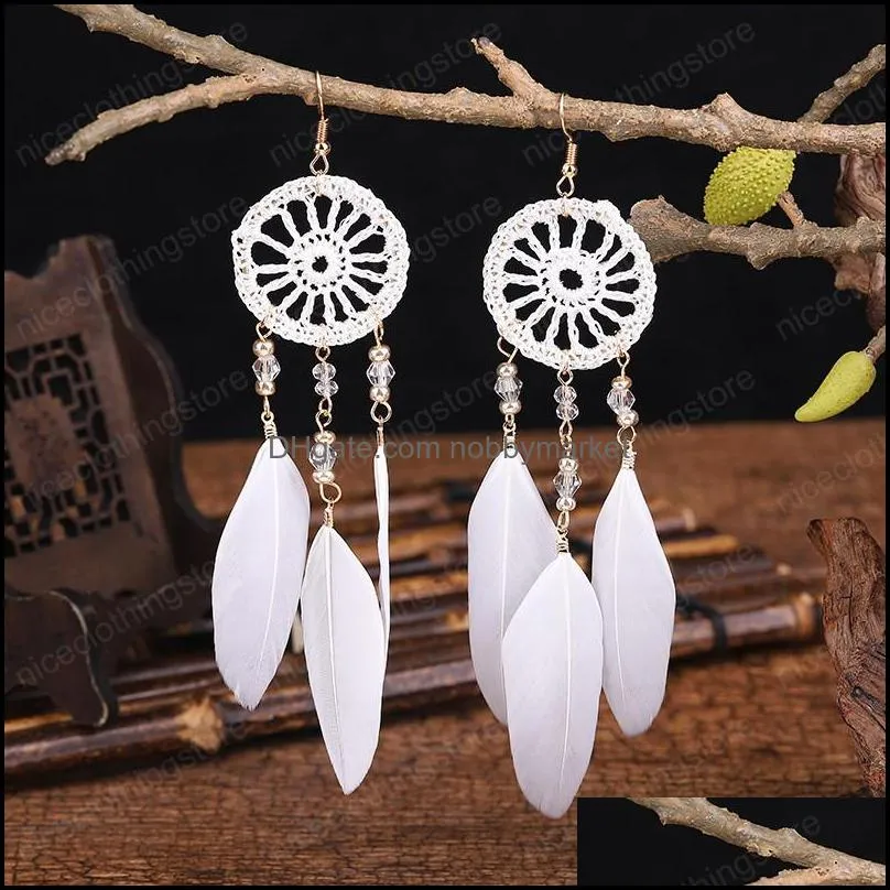 Bohemia Women`s Crystal Red Feather Tassel Earring 2021 Summer Indian Jewelry Tibetan Dream Catcher Dangle Wedding Earrings