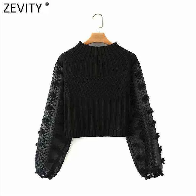 Zevity Women Fashion Appliques Chiffon Lantern Sleeve Patchwork Short Knitting Sweater Ladies Chic Pullovers Tops S631 220104