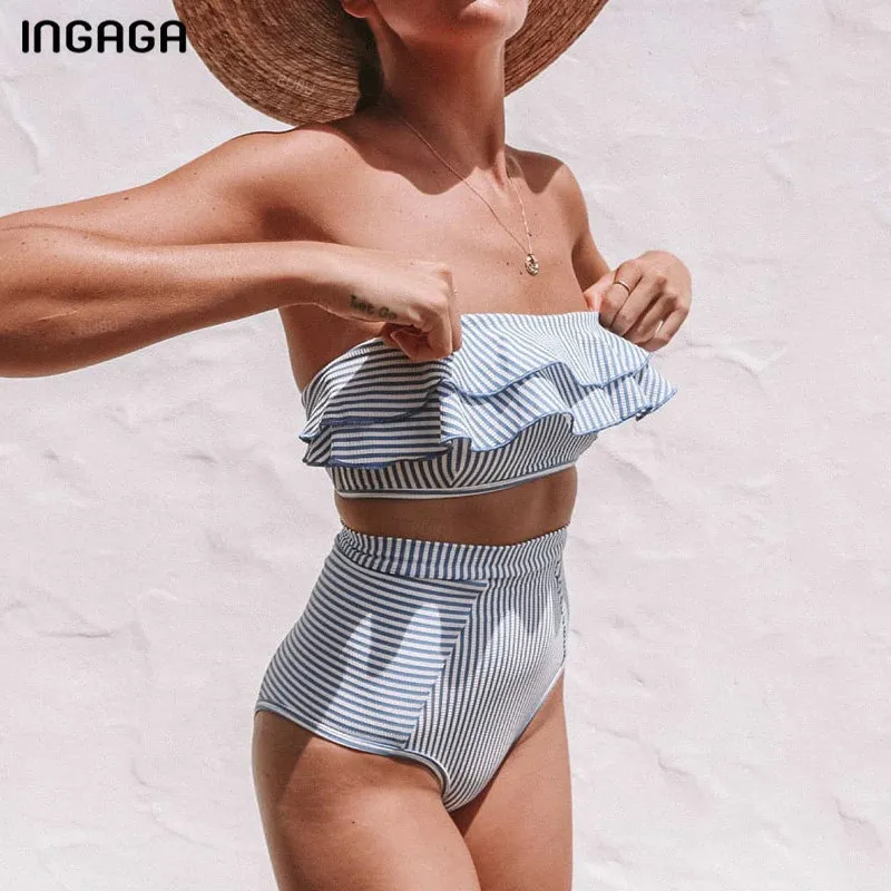 Ingaga bandeau baddräkt kvinnor hög midja bikini set sexig ruffle baddräkt randig utskrift Biquini sommar strand baddräkter 210318