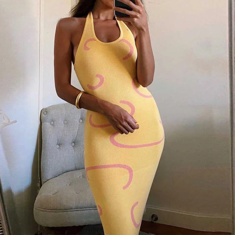 Sexy Dress Women Y2K Bodycon Halter O Neck Yellow Sleeveless Midi Backless Slim Party Dresses Summer Beach Robe Vestidos 210719