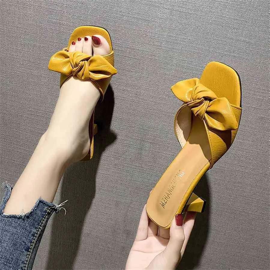 Sommar mode tofflor klackar för kvinnor solid färg stor bowtie glida på sandaler skor kvinna 2021 PU utomhus glider mujer