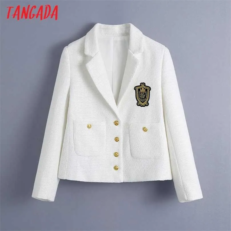 Tangada Dames Wit Tweed Crop Blazer Borduurwerk Vrouwelijke Lange Mouw Vintage Jas Dames Formele Pakken BE390 211006