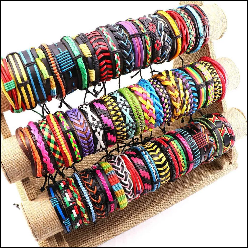 Wholesale 30/50pcs Mens Vintage Leather Bangle Bracelets Cuff Jewelry Gift Party Bracelets For Women 210408