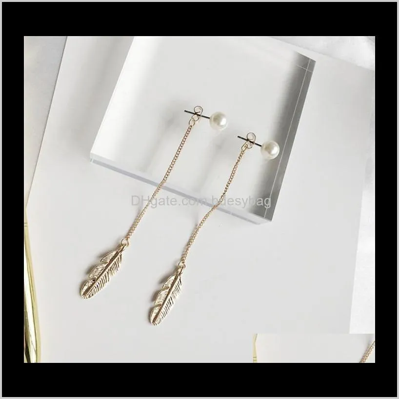 simulated pearls long tassel dangle earrings for women leaf feather drop brincos bijoux boucle d`oreille jewelry earring t145