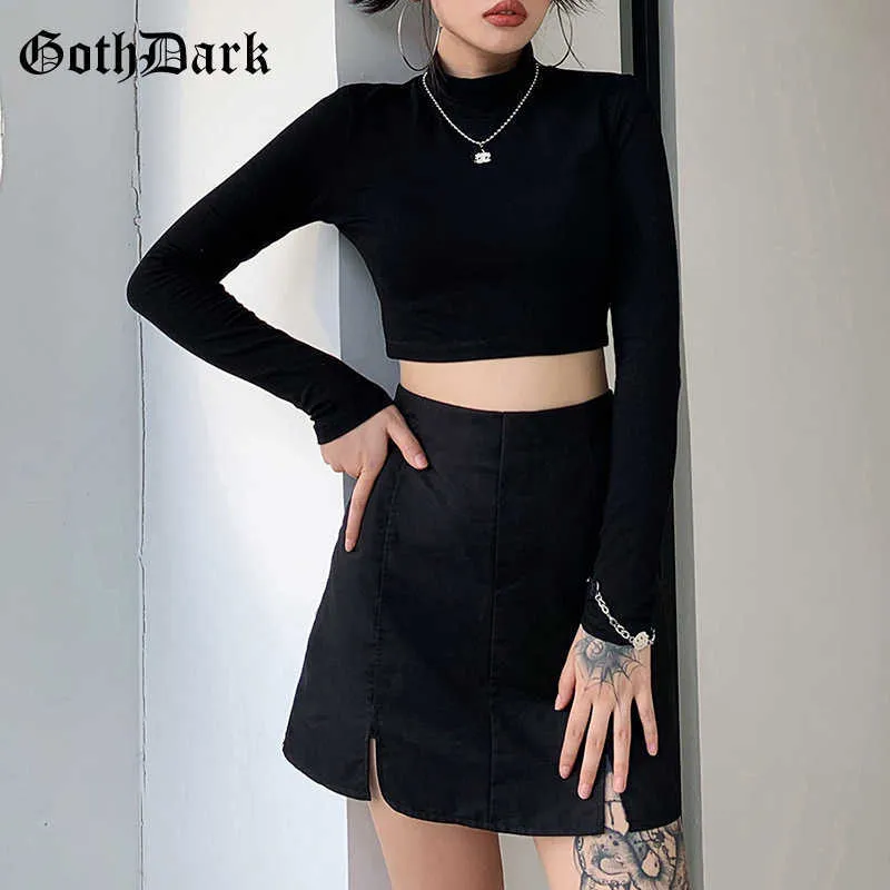 Goth Dark Gothic Due pezzi Set Skinny nero dolcevita manica lunga donna Crop Top T-shirt con canotta scozzese Streetwear Y0629