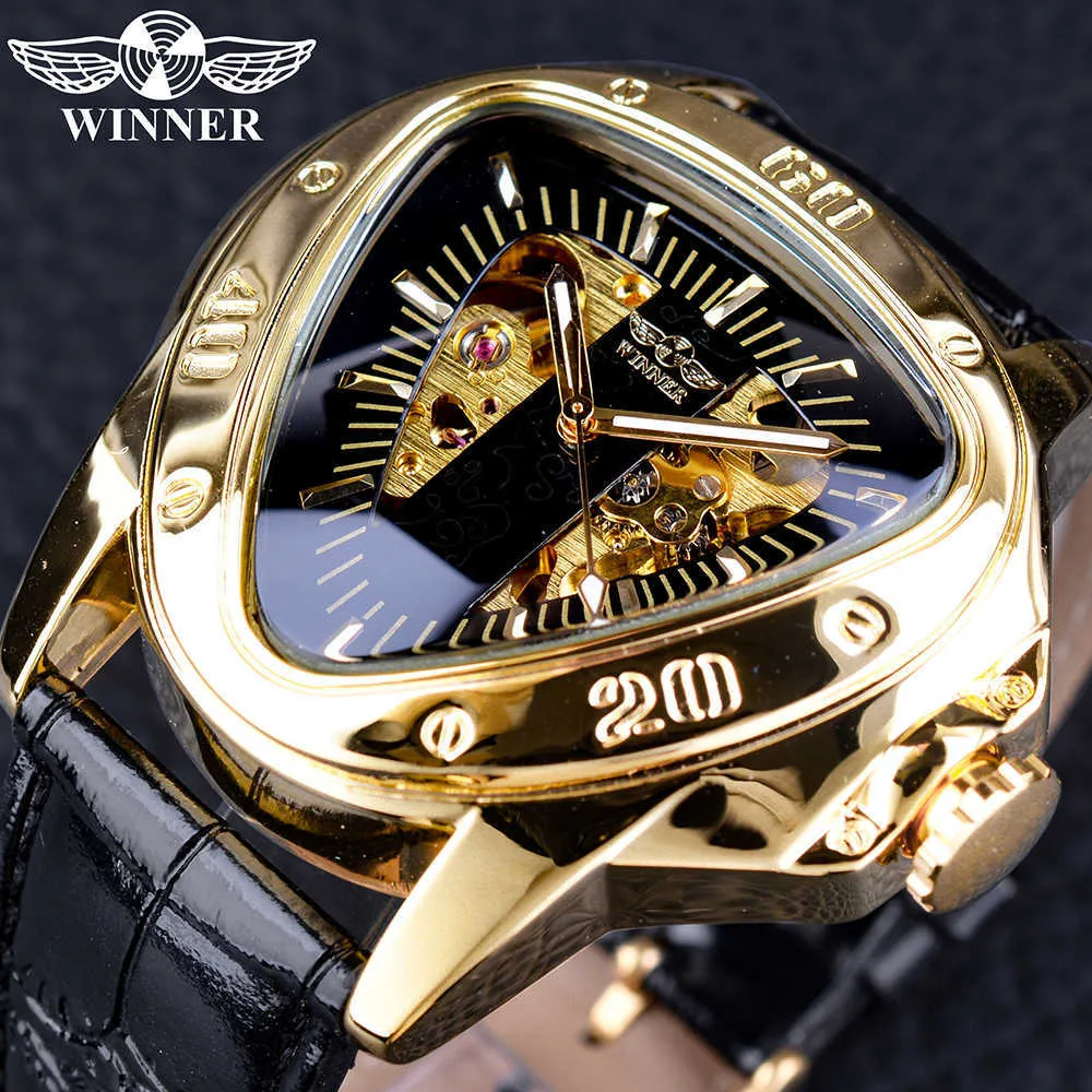 Winner Steampunk Fashion Triangle Golden Skeleton Movement Mysterious Men Automatic Mechanical Wrist Watches Top Brand Luxury Q0902