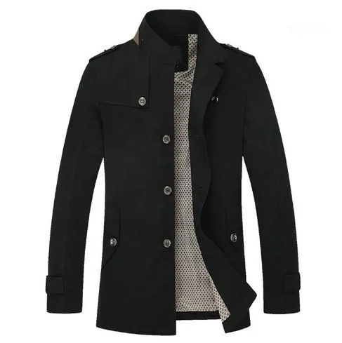 Män Solid Trench Coat Mandarin Collar Fashion Men's Overcoat Slim Fit Brand Clothing Casual Cotton Jacka