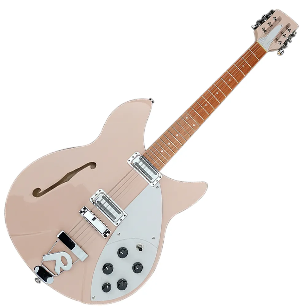 6 strängar ljusrosa elektriska gitarr med palisander, vit pickguard, kort skala längd