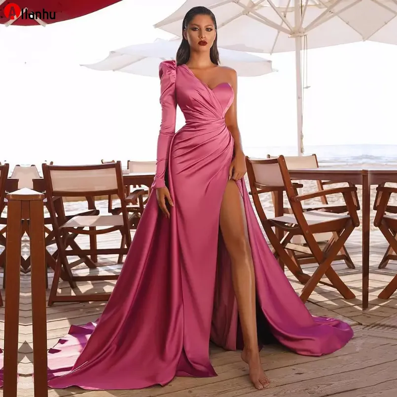 Rose Pink Plooy Satijn Sexy One Shoulder Avondjurken Een lijn High Split Echte foto voor vrouwen Party Night Celebrity Prom Jurken WJY591