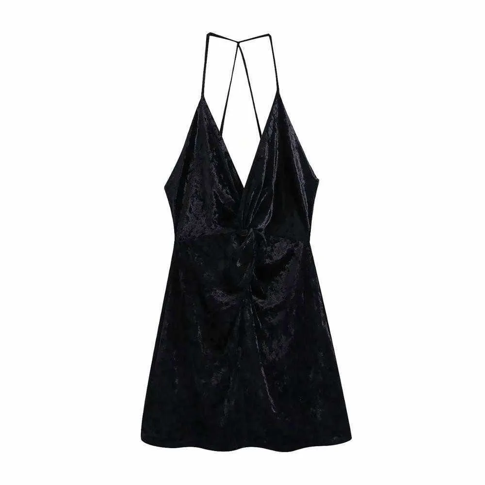 Women Dress Velvet V-Neck Thin Cross-Straps Sleeveless Gathered Mini Dress Elegant Fashion casual Dresses 210709