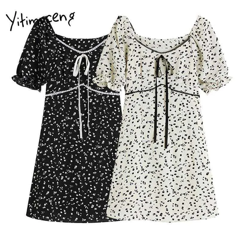 Yitimuceng blommigryck Klänningar Kvinnor Sommarbåge Lace Up Puff Sleeve Hög midja A-Line Black AprikoT Koreanska Fashion Dress 210601