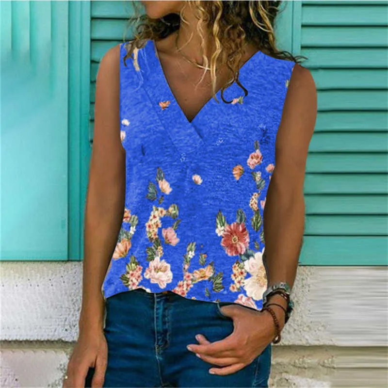 Summer Printing Fashion Sleeveless V-neck Loose Blouse Vest Solid Color Flowers Casual Neckline Cross Womens Tops And Blouses 210608