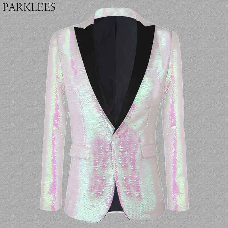 Pembe Pullu Glitter Blazer Ceket Erkek 1 Düğme Patchwork Yaka Parlak Blazers Erkek Parti Balo Sahne Giysileri Şarkıcılar için 210522