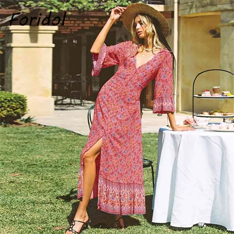 Élégant imprimé fleuri Midi Robe d'été boutonné Robe de plage Boho longue couverture décontracté mode Vestidos Mujer 210427