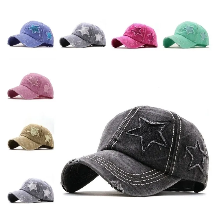 Party Supplies Ponytail Hats Sequin Pentagram Baseball Cap Washed Hole Classics Ball Caps Women Adjustable Outdoor Sport Headgear T2I52278