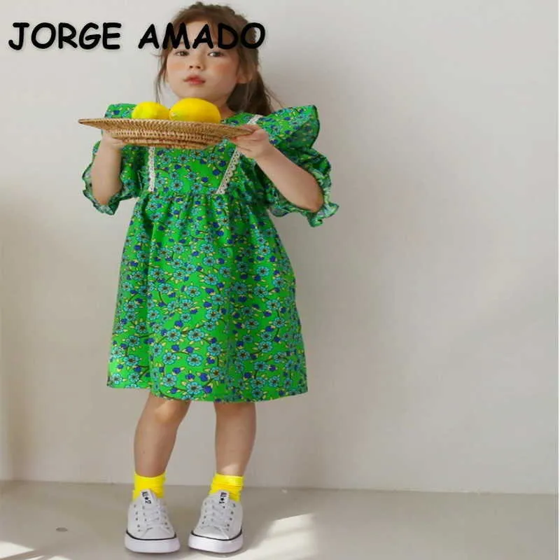 Summer Teenagers Girls Dress Green Floral Short Puff Sleeves Princess Dresses Children Cute Style Kids Clothes E662 210610